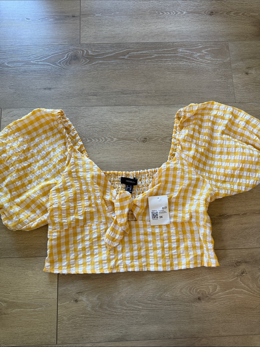 Forever 21 Yellow Gingham Puff-Sleeve Tie-Front Crop Top